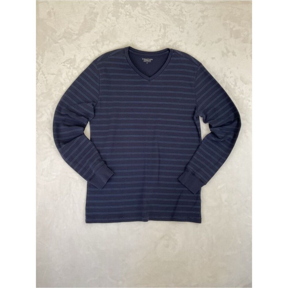 Structure Modern Fit Mens Medium Blue Striped Thermal Waffle Knit V Neck Shirt M